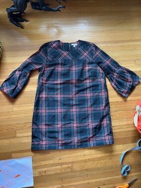 Plaid V-Neck Mini Dress with Bell Sleeves - Black and Red